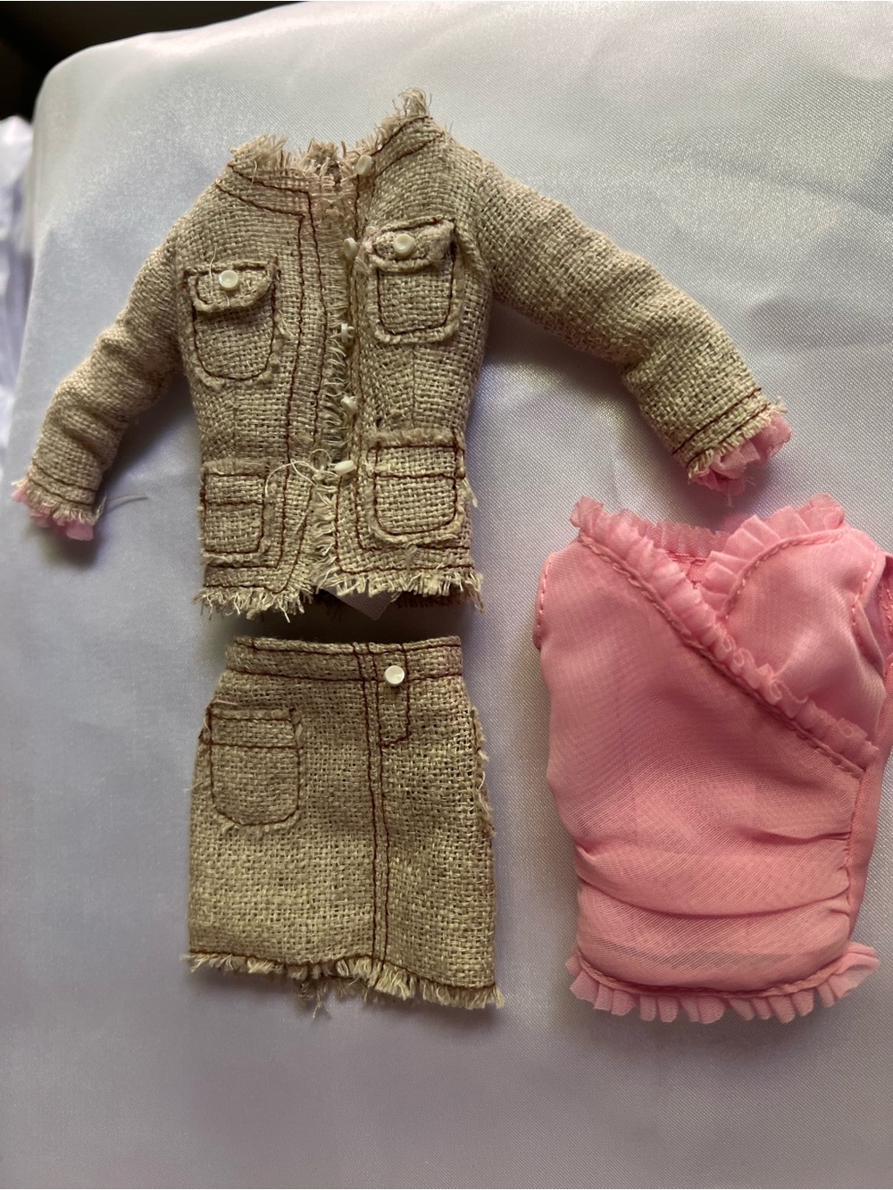 Barbie Beige Tweed Jacket & Skirt with Pink Ruffled Top Set